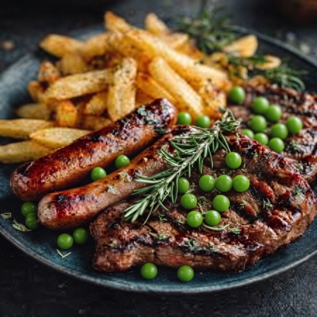 Colis famille bœuf Charolaise – steak, chipolatas, frites et petits pois Assiette de viande de bœuf Charolaise belge — steak grillé, chipolatas, frites et petits pois, Colis Famille Domaine de Bruant